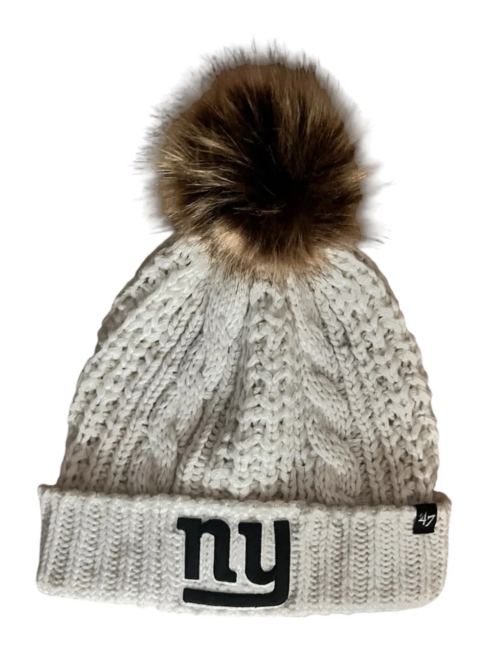 47 Brand NY Cream Knit Beanie with Brown Faux Fur Pom
